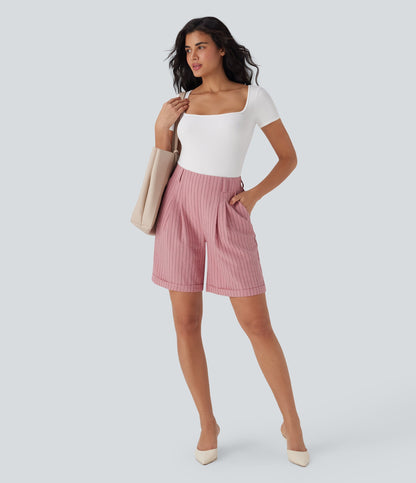 High Waisted Stripe Work Linen-Feel Bermuda Shorts with Pockets