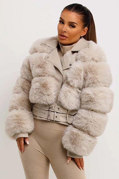 Faux Fur Faux Leather Aviator Jacket With Belt Beige