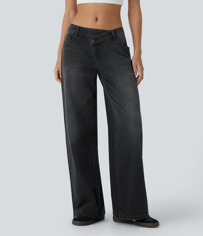 FlexTM Asymmetric Low Rise Zipper Pockets Baggy Wide Leg Washed Casual Jeans