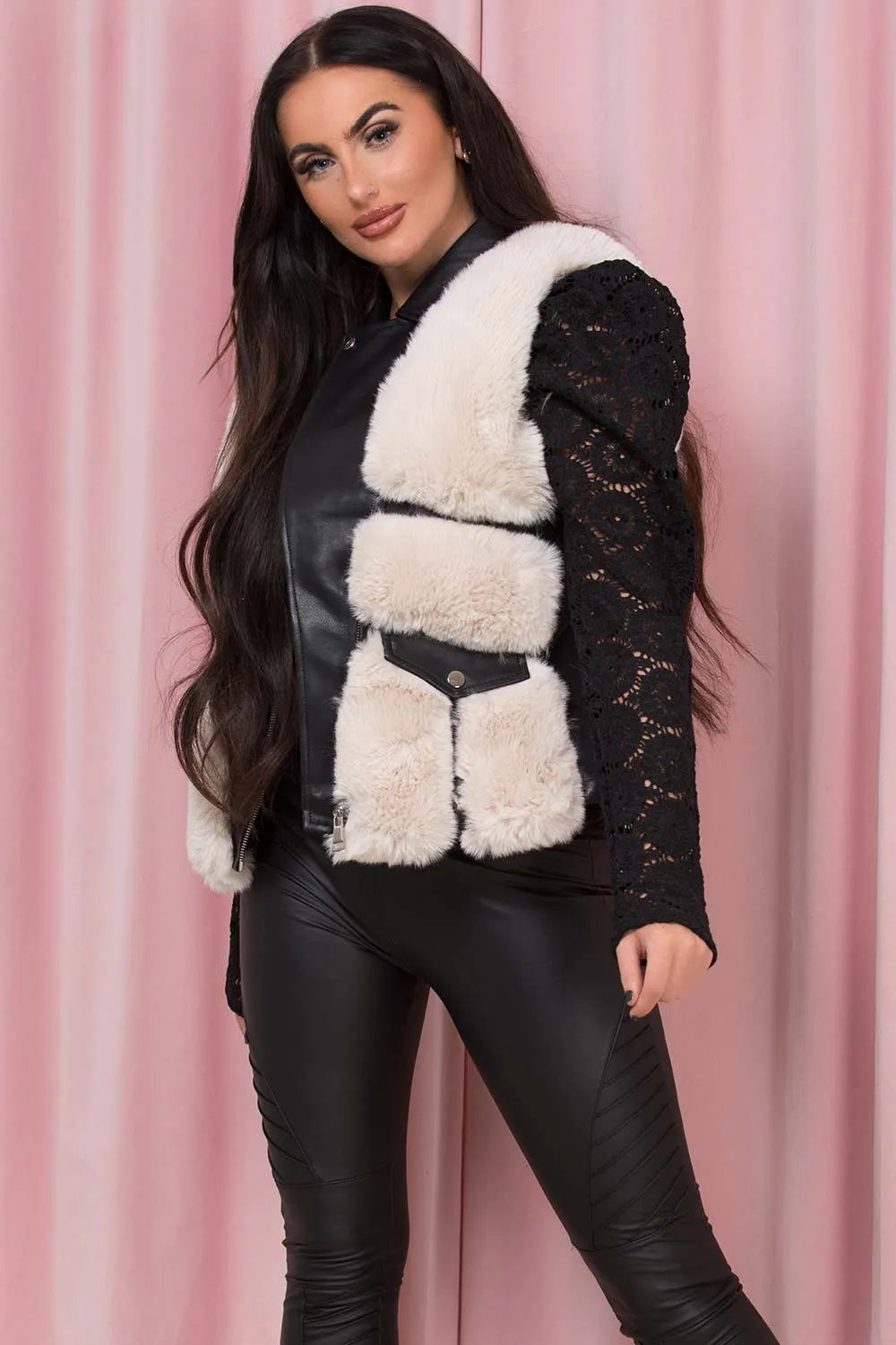 Faux Fur Faux Leather Gilet With Pocket Detail Beige