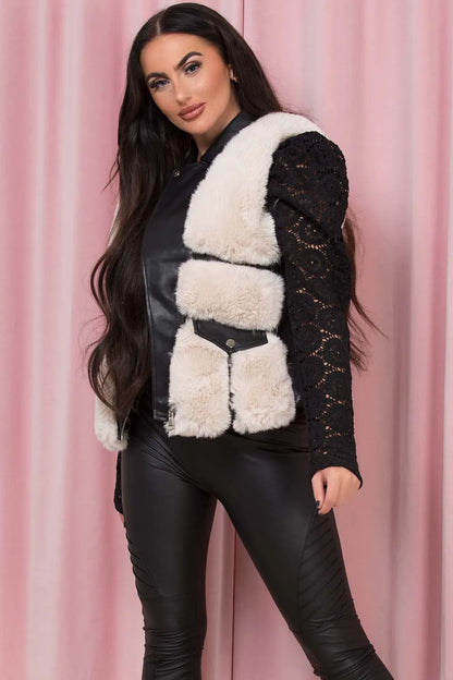 Faux Fur Faux Leather Gilet With Pocket Detail Beige