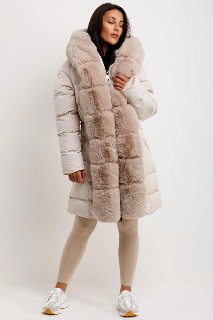 Beige Long Puffer Padded Coat With Faux Fur Hood And Trim
