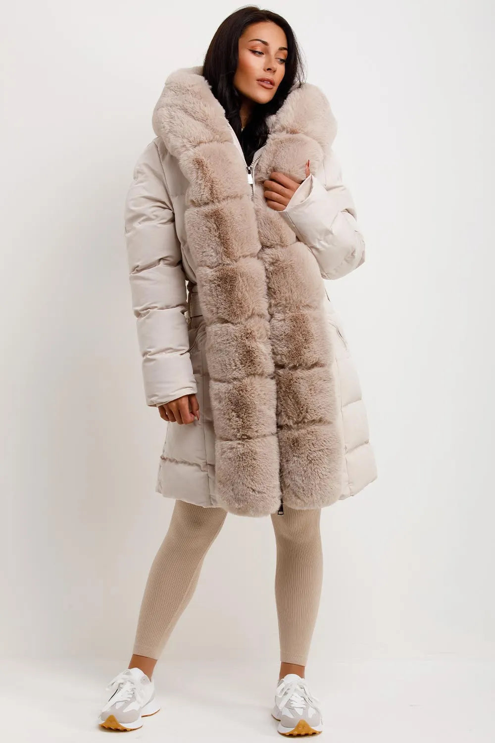 Beige Long Puffer Padded Coat With Faux Fur Hood And Trim