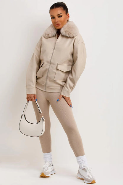 Faux Leather Jacket With Faux Fur Collar Beige