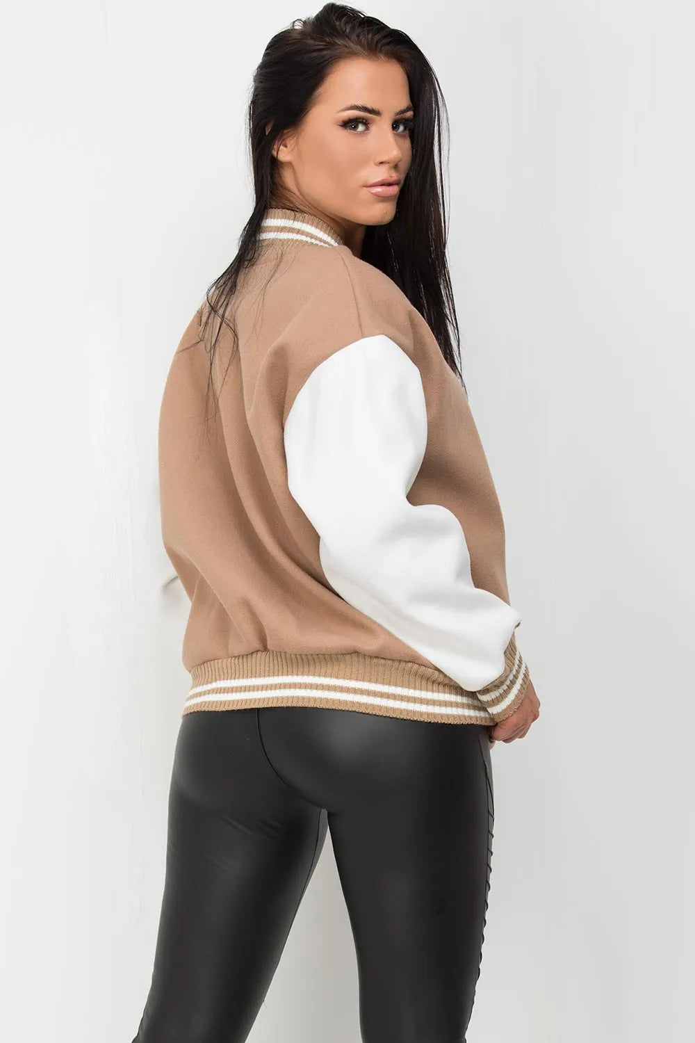 C Slogan Varsity Bomber Jacket Beige