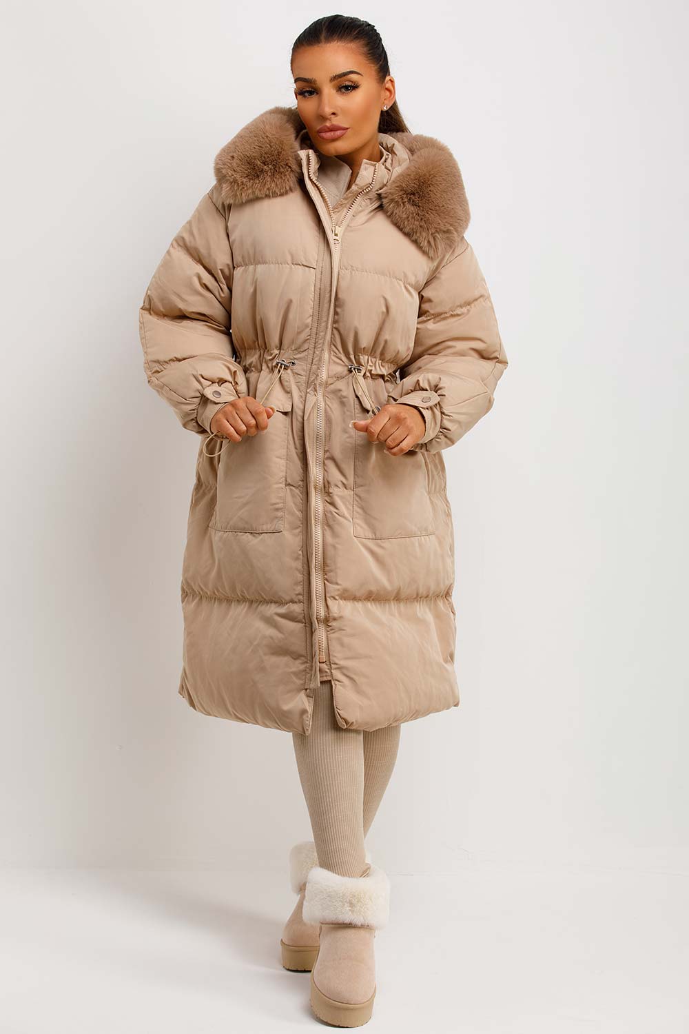 Long Puffer Coat With Faux Fur Hood And Drawstring Waist Beige