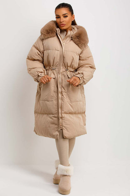 Long Puffer Coat With Faux Fur Hood And Drawstring Waist Beige