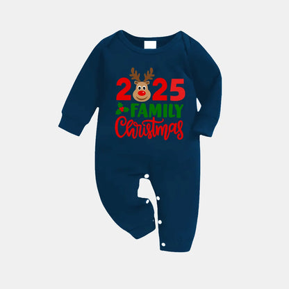 "2025 Family Christmas" Moose Letter Print Blue Plaid Christmas Matching Pajamas