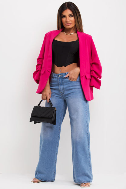 Hot Pink Ruched Sleeve Blazer
