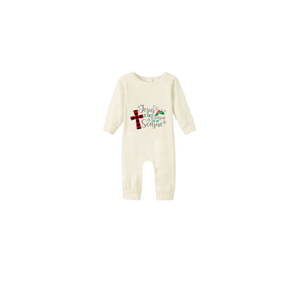 Beige Christmas Pattern Print Christmas Pajamas Set With Jesus Text Print