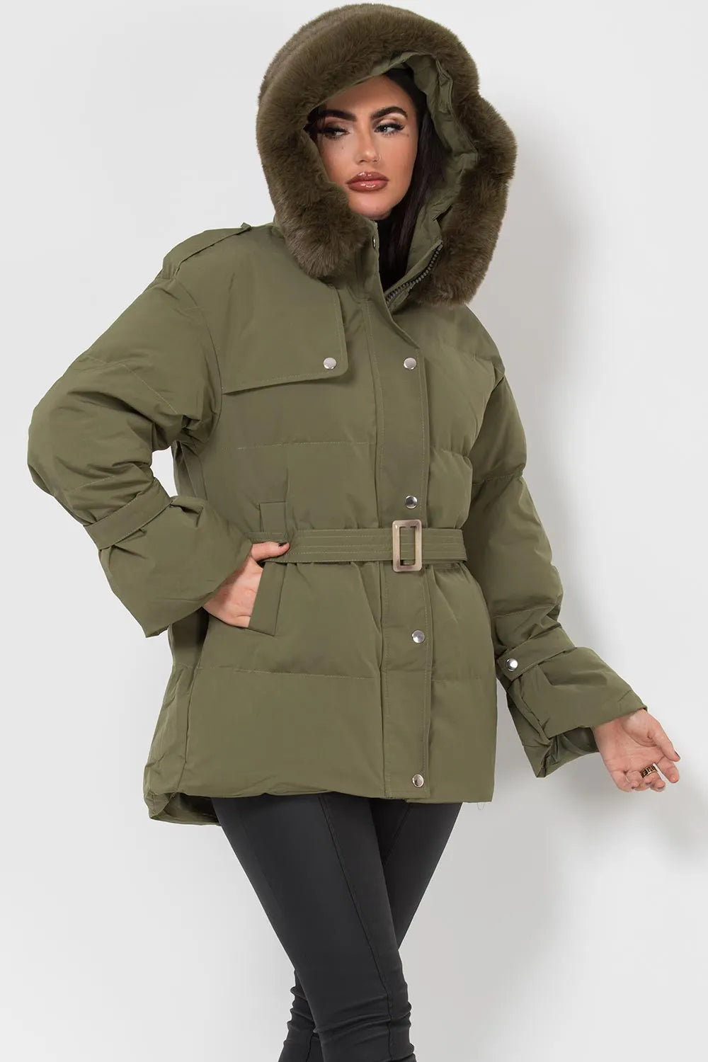Khaki Puffer Padded Coat With Faux Fur Hood