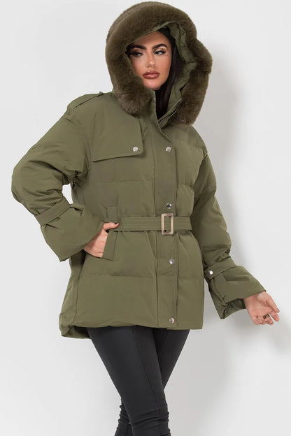 Khaki Puffer Padded Coat With Faux Fur Hood