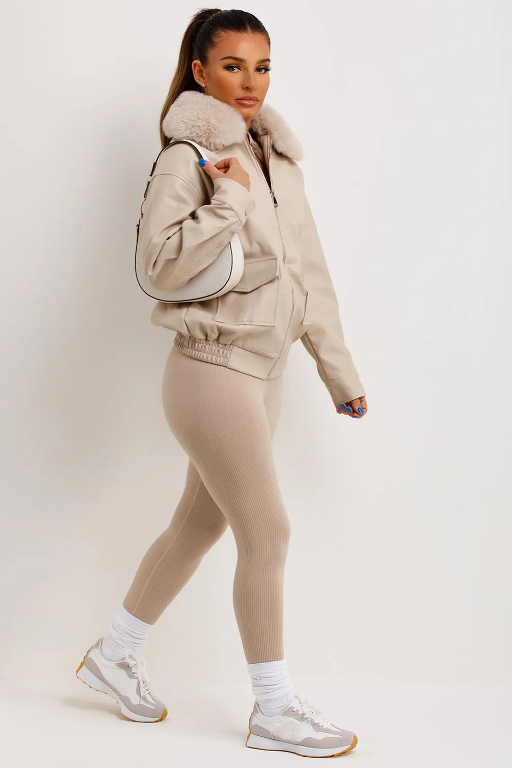 Faux Leather Jacket With Faux Fur Collar Beige