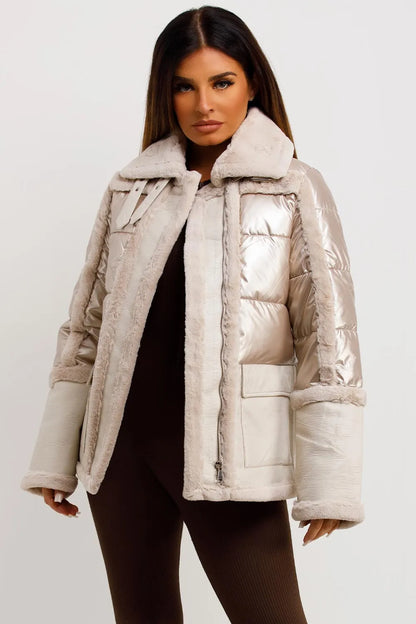 Faux Fur Trim Faux Suede Jacket In Rose Gold
