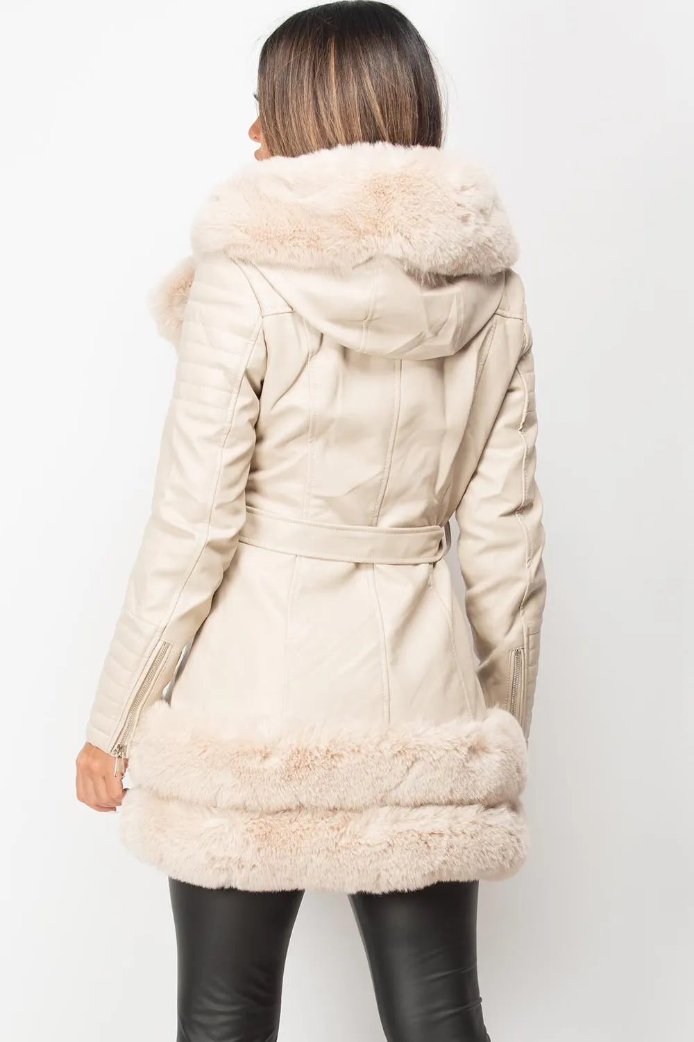 Cream Faux Fur Faux Leather Hooded Belted Jacket