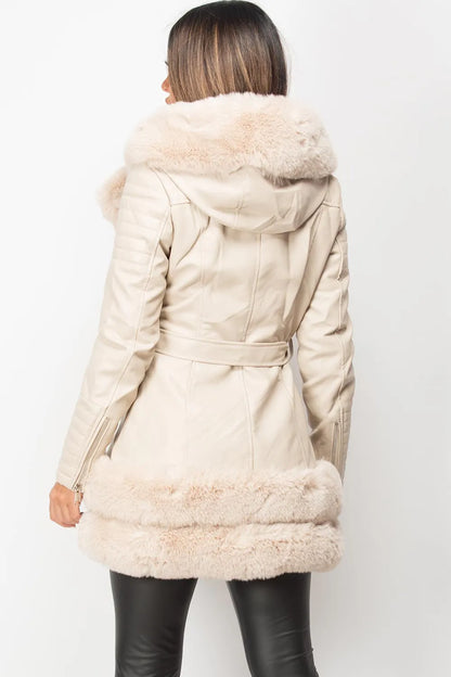 Cream Faux Fur Faux Leather Hooded Belted Jacket