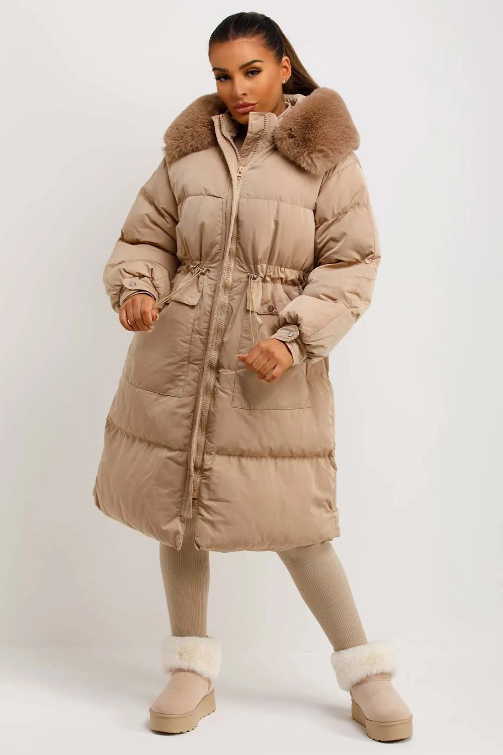 Long Puffer Coat With Faux Fur Hood And Drawstring Waist Beige