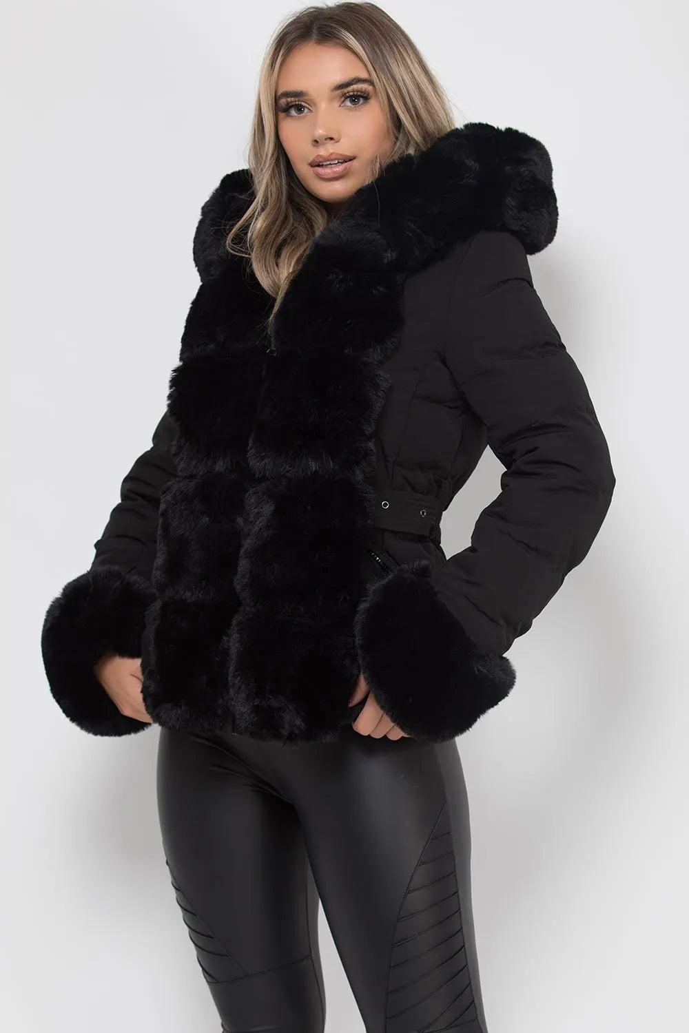 Puffer Jacket With Luxury Faux Fur Hood And Trim Black