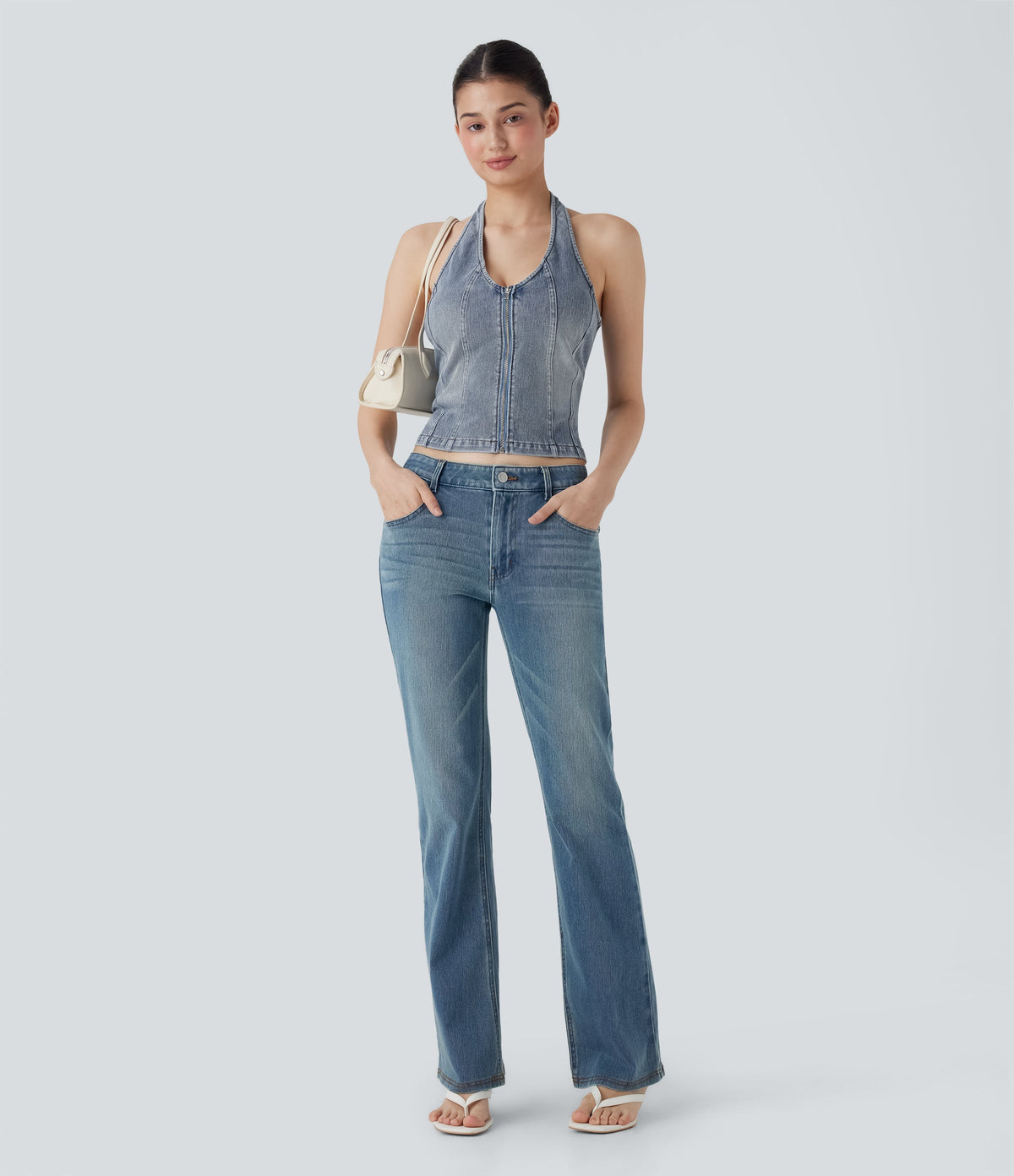 FlexTM Halter Zipper Washed Denim Casual Tank Top