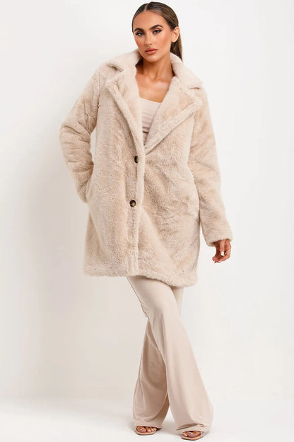 Faux Fur Coat With Lapel Collar Beige
