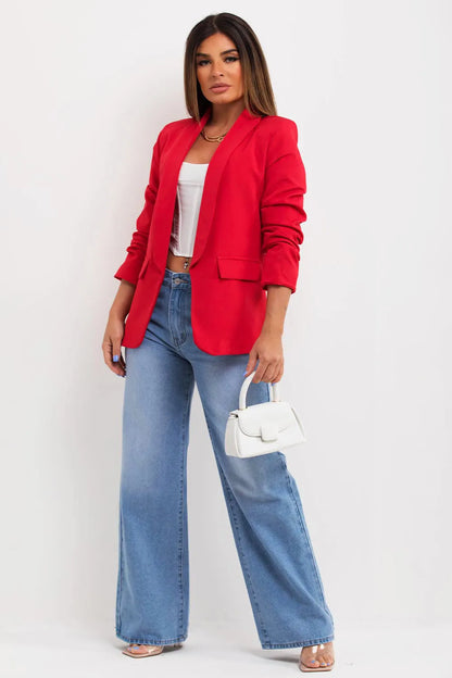Red Ruched Sleeve Blazer