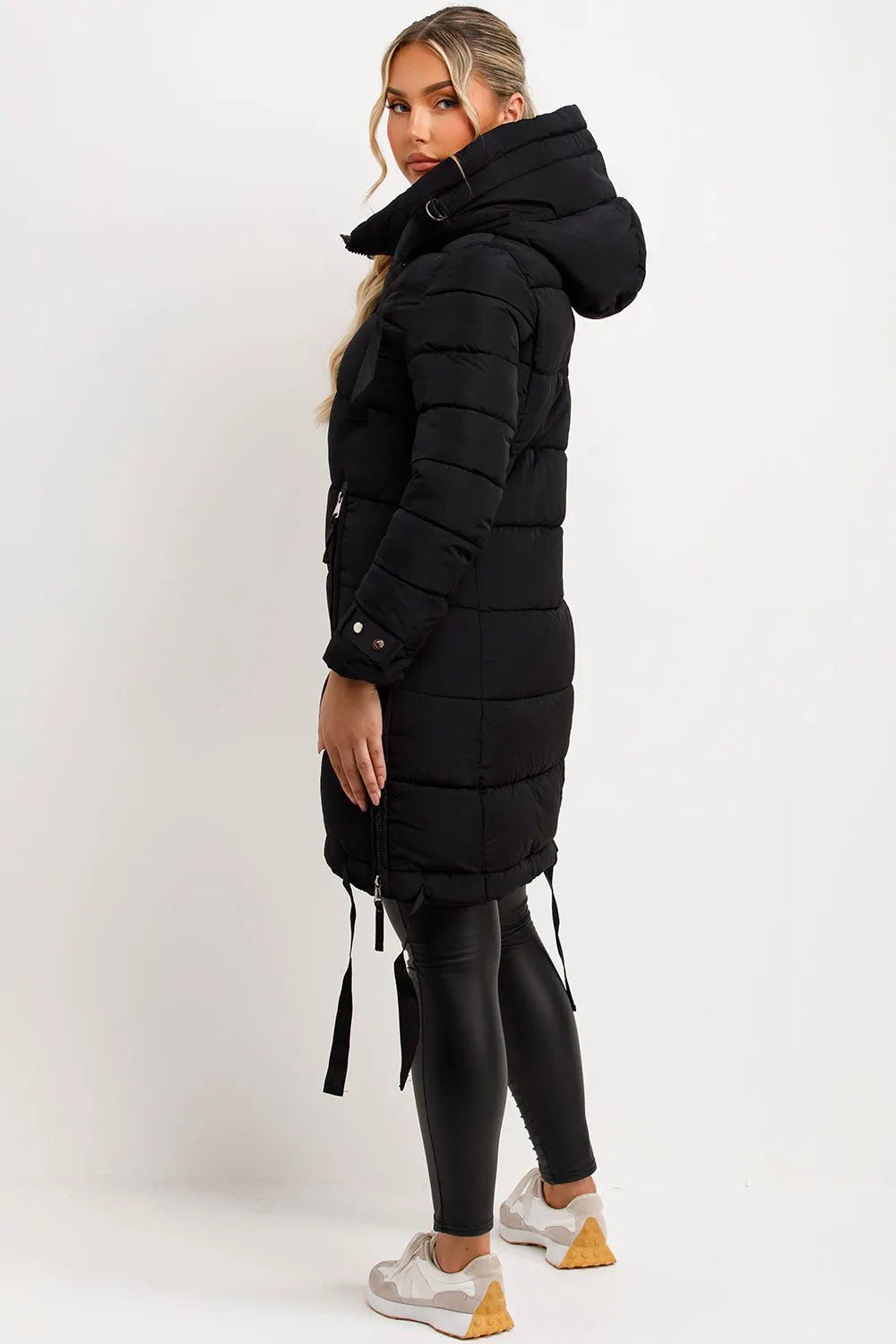 Long Puffer Coat With Hood And Side Straps Black