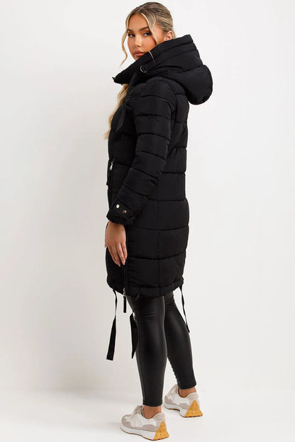 Long Puffer Coat With Hood And Side Straps Black