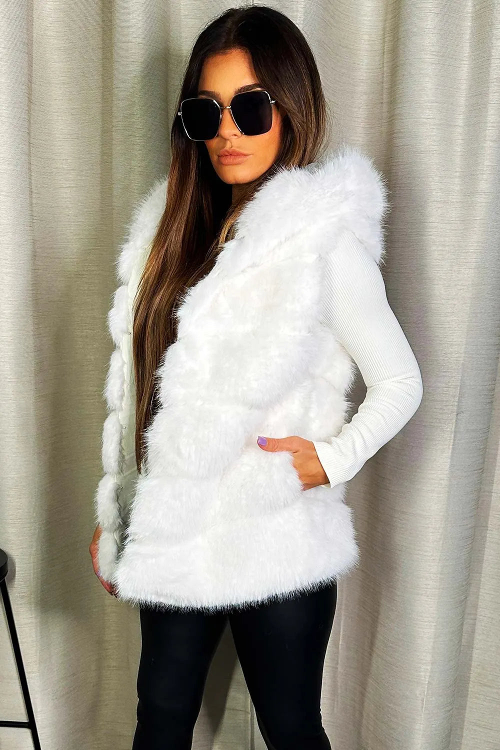 Faux Fur Hooded Gilet White