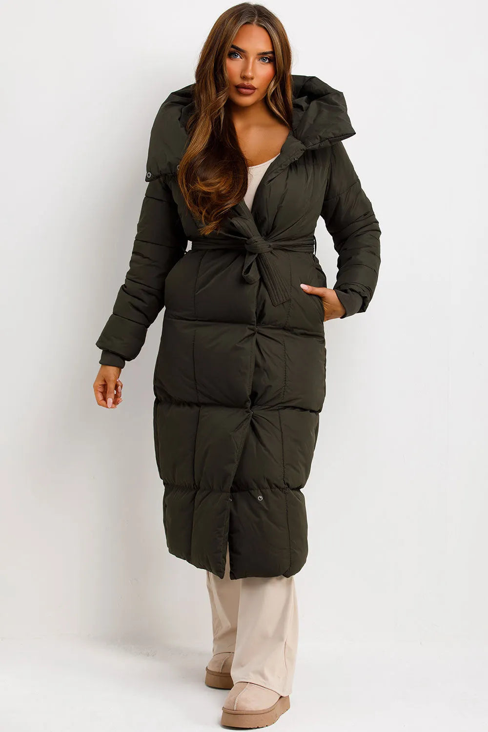 Long Puffer Coat With Hood And Belt Khaki