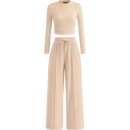 2-Piece Lounge Set – Ribbed Knit Long Sleeve Crop Top & Wide Leg Pants
