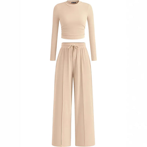 2-Piece Lounge Set – Ribbed Knit Long Sleeve Crop Top & Wide Leg Pants
