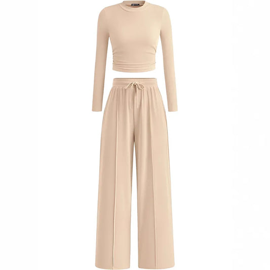 2-Piece Lounge Set – Ribbed Knit Long Sleeve Crop Top & Wide Leg Pants