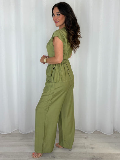 Gold Buckle Cap Sleeve Cross Over Top And Trouser Co-Ord (3 Colours)