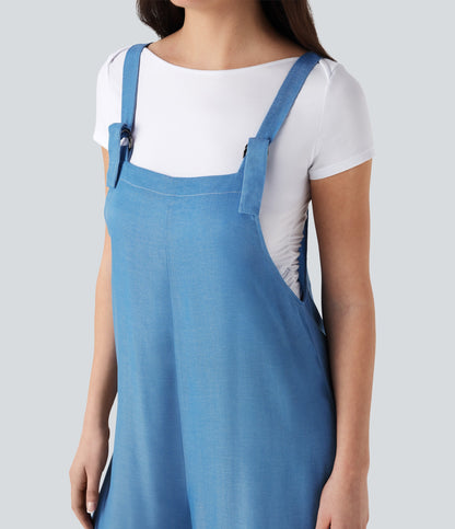 Denim Like Casual Overalls with Pockets-Front and Back Wearable
