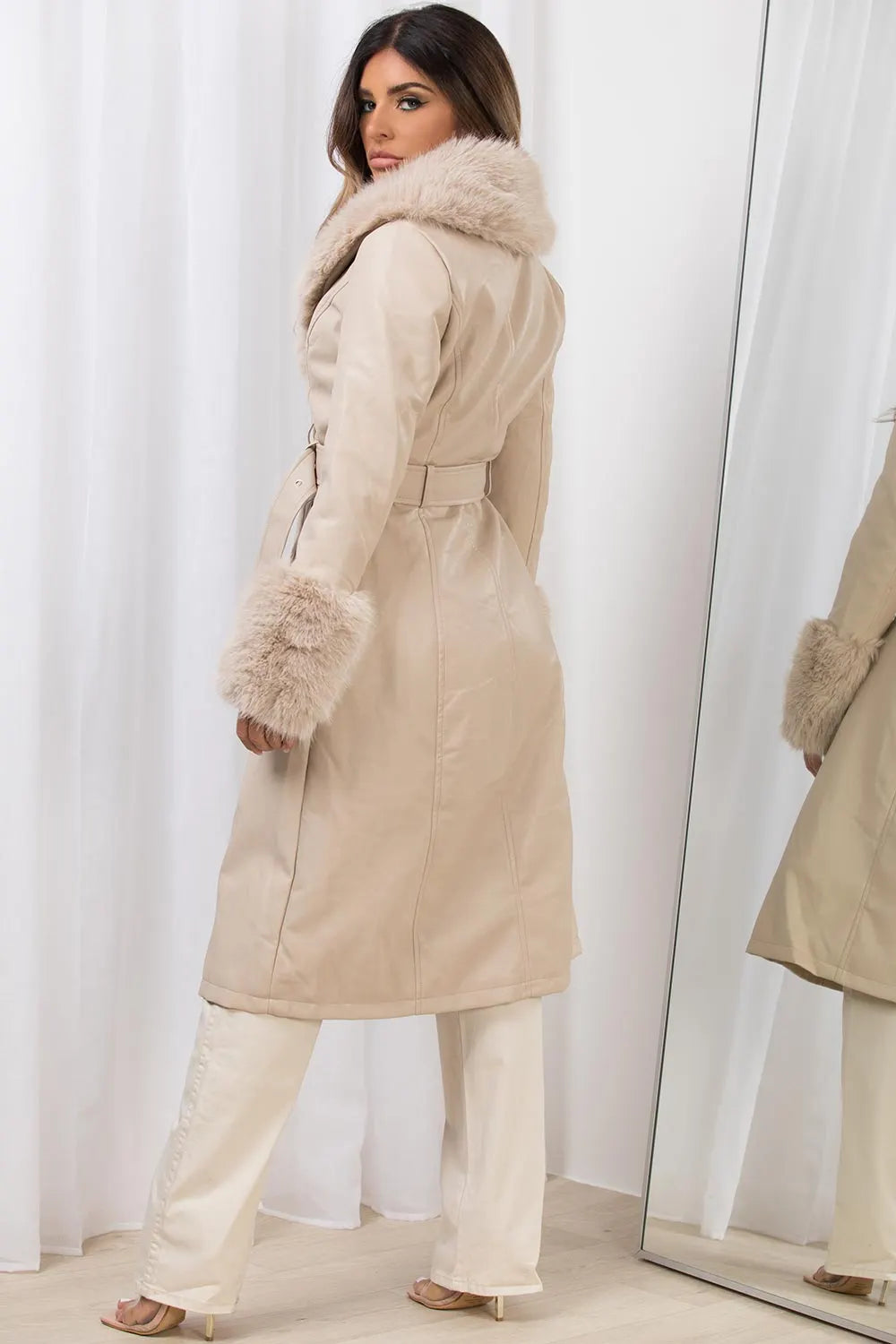 Long Faux Fur Faux Leather Jacket With Belt Beige