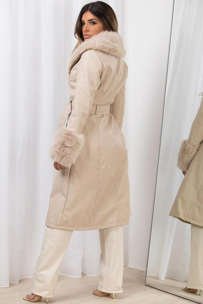 Long Faux Fur Faux Leather Jacket With Belt Beige