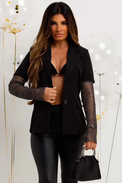 Black Blazer With Diamante Net Sleeve