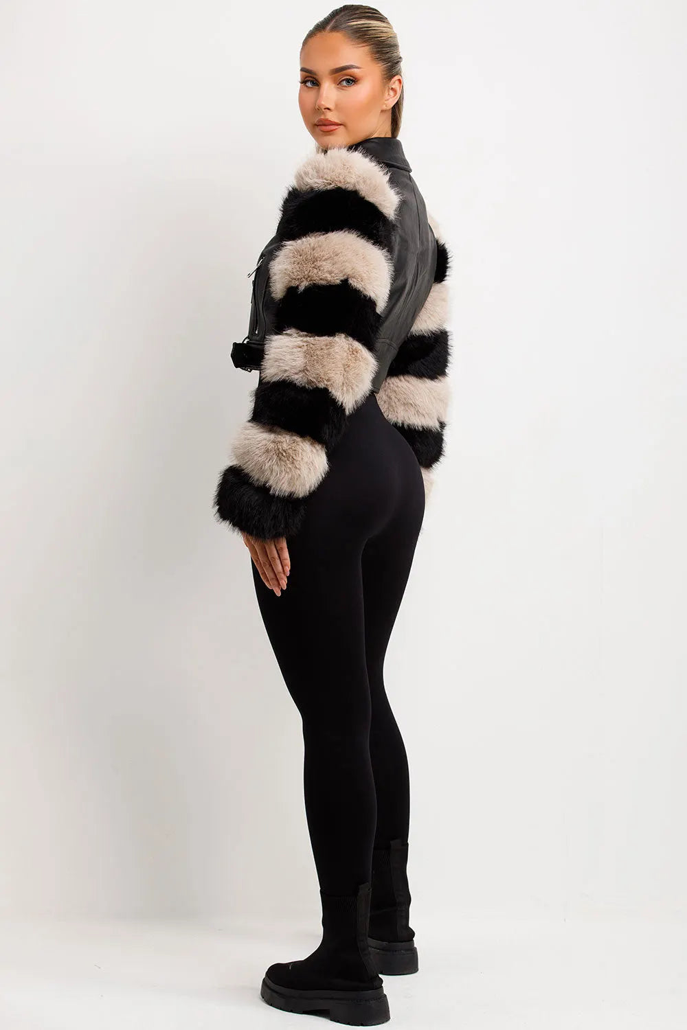 Faux Fur Faux Leather Aviator Jacket Black Contrast