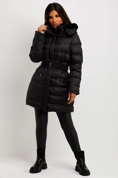 Puffer Padded Coat With Fur Hood And Belt Black