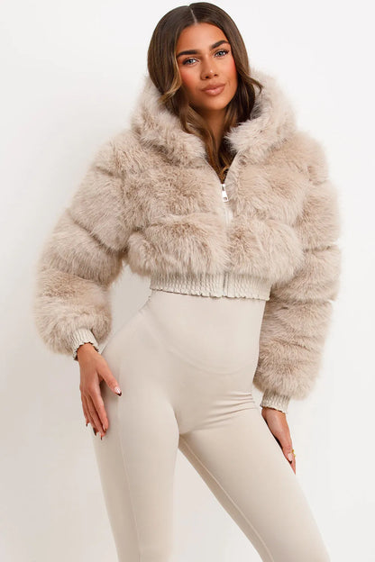 Crop Faux Fur Jacket With Hood Beige