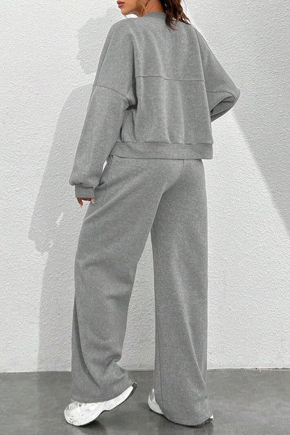 Zipper Long Sleeve Track Jacket Solid Color Wide Leg Pants Set-Black
