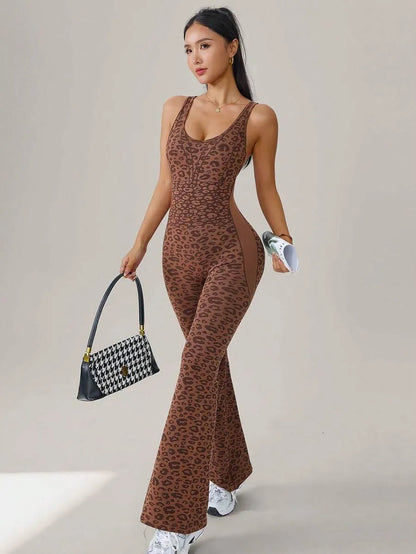 Women's Leopard Print Yoga Jumpsuit, Cross Strap Design, Long Sleeve Slim Fit, Casual Fashion for All Seasons, Comfortable Wear at Home