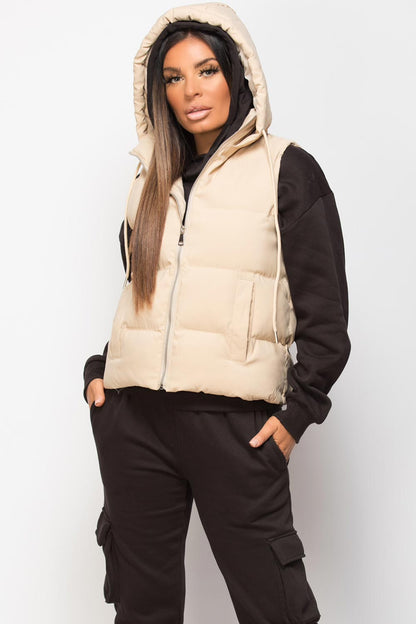 Padded Hooded Gilet Sleeveless Jacket Stone