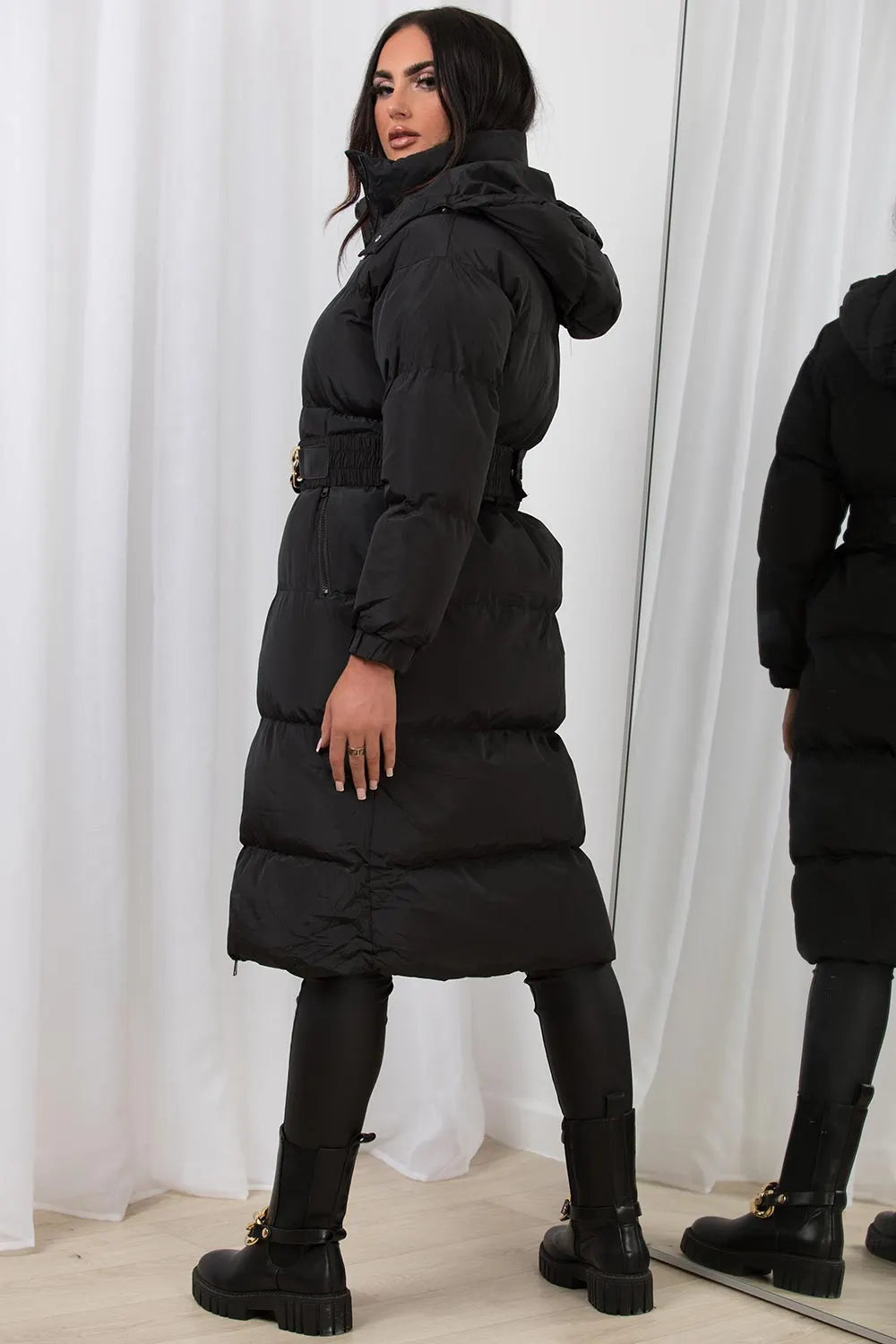 Black Long Puffer Padded Coat With Gold Chain Belt