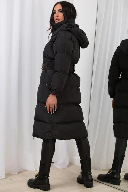 Black Long Puffer Padded Coat With Gold Chain Belt
