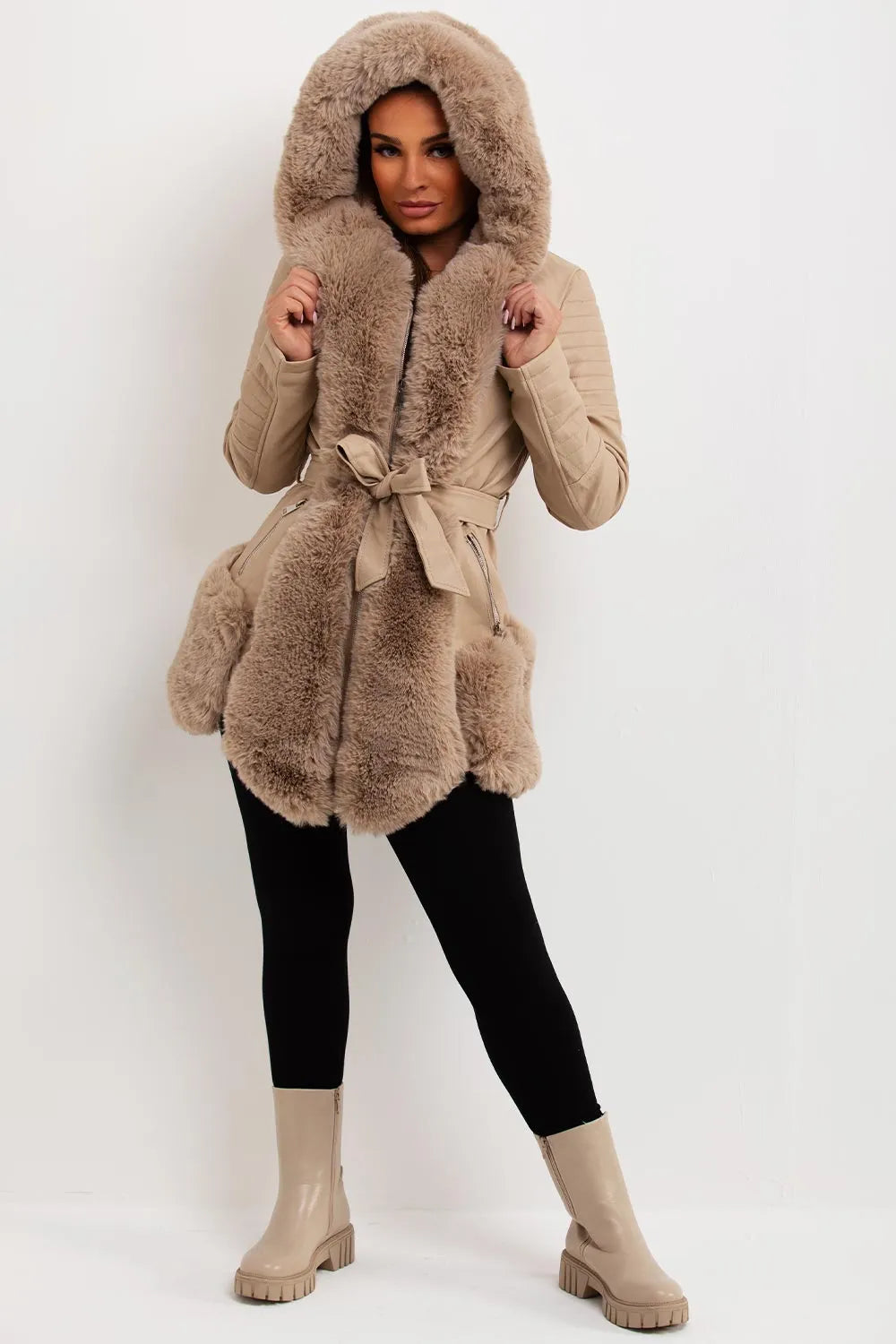 Faux Leather Jacket With Faux Fur Panels Beige
