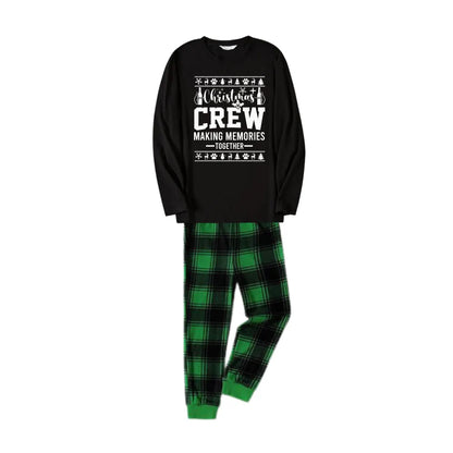 Christmas Family Matching Pajamas-Black Top and Green Plaid Pants Pjs Set with "Christmas Crew" and Christmas Pattern Print