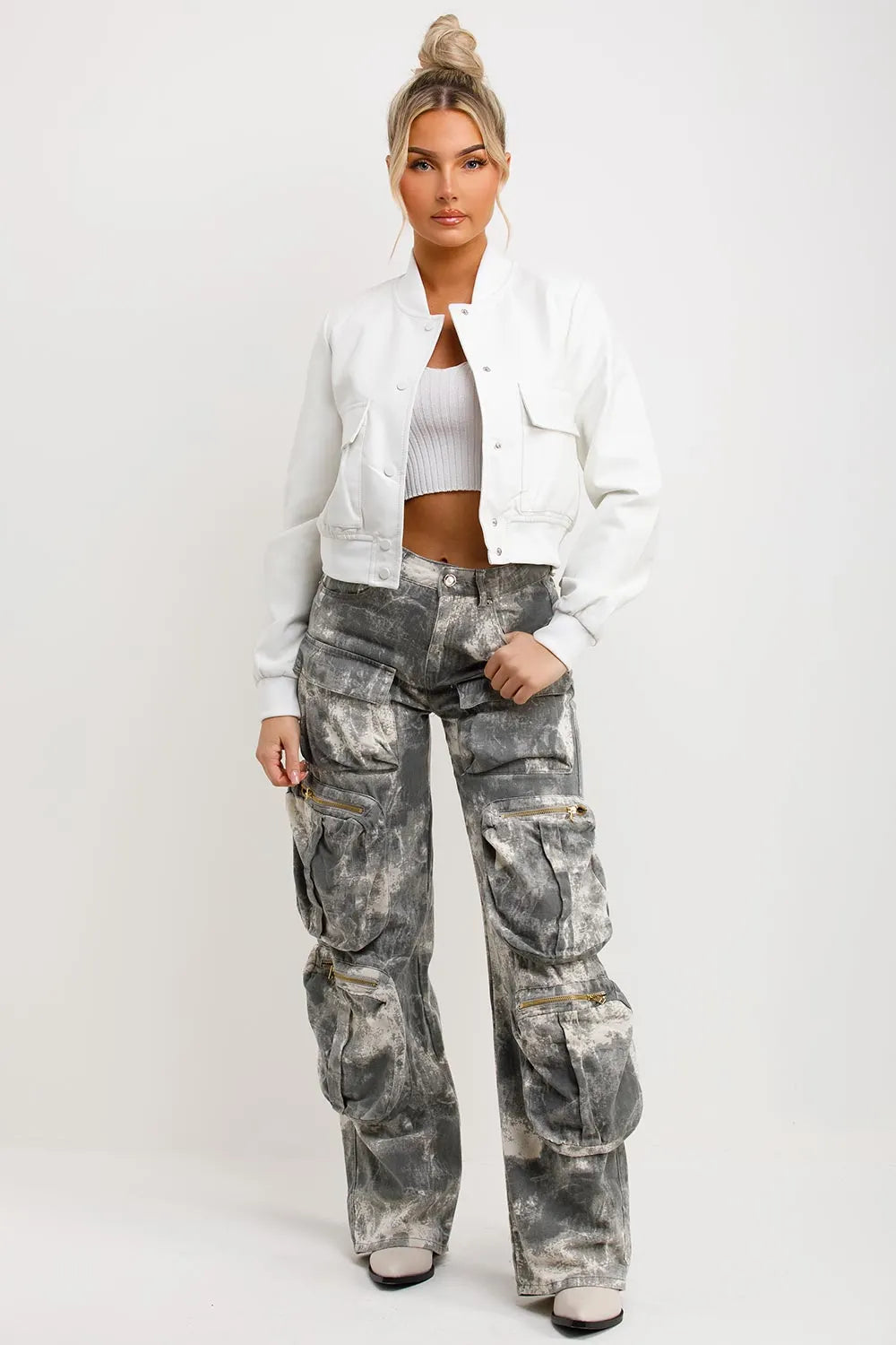 White Faux Leather Bomber Jacket