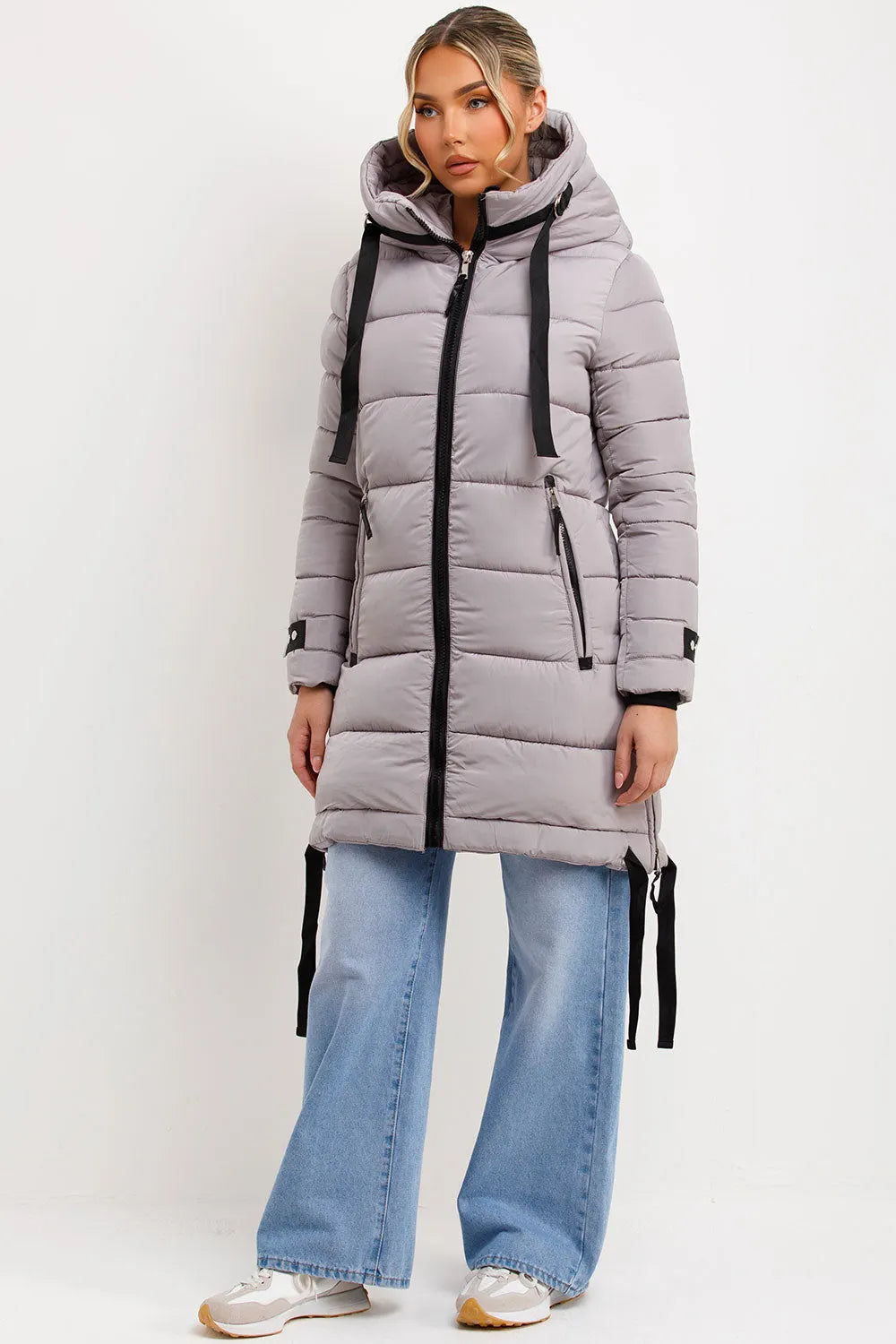 Long Puffer Coat With Hood And Side Straps Grey
