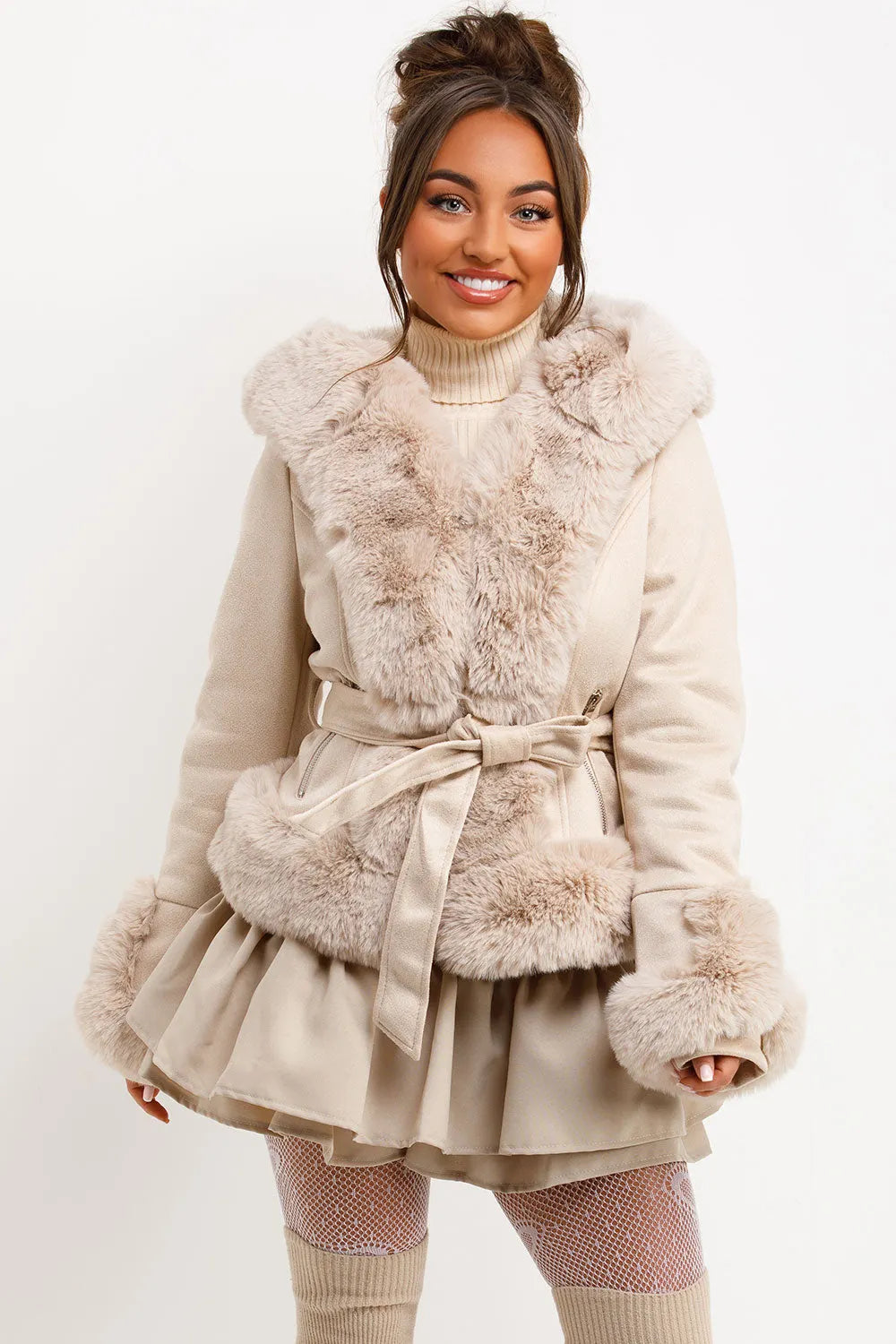 Faux Fur Faux Suede Jacket With Belt Beige